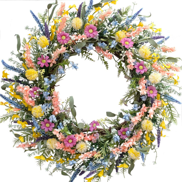 Egolot 24 inch Spring Summer Colorful Flower Wreath for Front Door, Forsythia Lavender Wild Flowers Wreath for Home Decor, Colorful Wild Flowers
