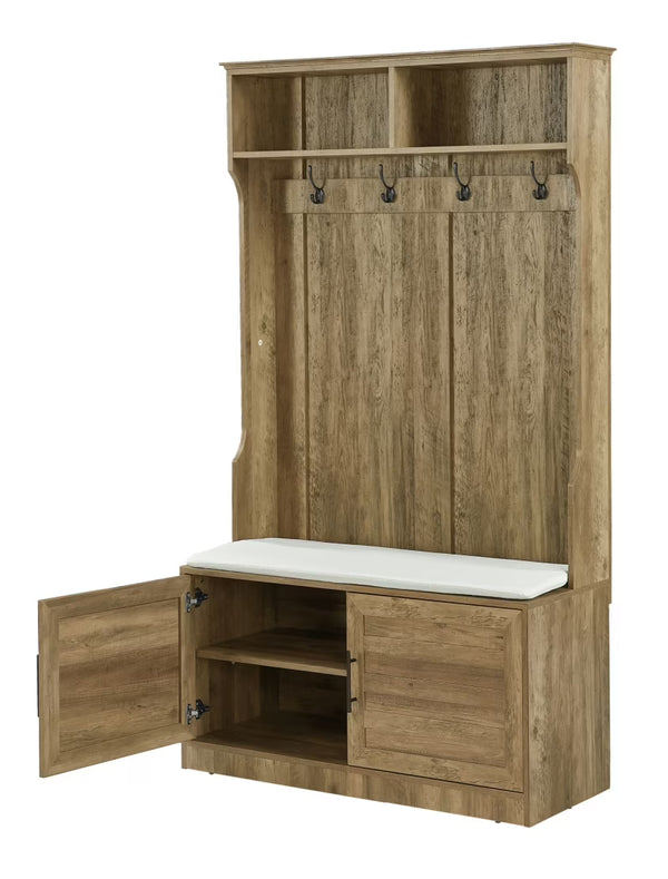 Entryway Hall Tree with Storage Bench, Wooden Coat Rack with Sponge Pad and 4 Dual Hooks, Storage Shelf Organizer with 2 - Door Cabinet for Entryway, Bedroom, Easy to Assemble