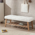 Dayalane Upholstered Storage Bench with Shoe Rack, Linen Fabric Entryway Bench for Living Room, Bedroom and Hallway, Multi Functional Ottoman with Solid Wood Shelf, Beige