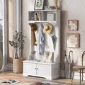 Hall Tree with Upholstered Bench and Coat Rack, Entryway Bench with 3 Hooks, 3 Open Shelves, 2 Drawers & Storage Cabinets, Mudroom Bench with Storage and Hooks for Foyer, Entry Way, Hallway (Beige)