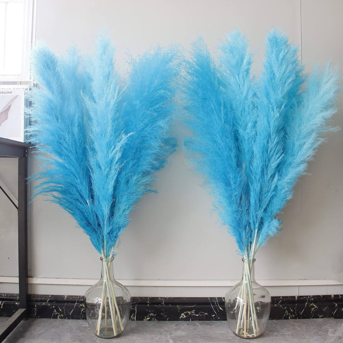 Dried Flowers: 10 Pcs of 46-Inch Blue Pampas Grass - Elegant Fluffy Decor for Floor Vases. Perfect for Boho Weddings and Blue Vase Home Decor