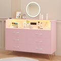Garvee Dresser for Bedroom 6 Drawer with LED Light & Charging Station, Wooden Dressers and Chests of Drawers with 2 - Tier Open Shelves, Wide Dresser Organizer for Living Room Hallway Entryway, Pink