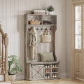 Hall Tree, Coat Rack with Shoe Bench, Entryway Furniture, Tri - Hooks, Rustic White and Honey Brown