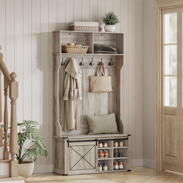 Hall Tree, Coat Rack with Shoe Bench, Entryway Furniture, Tri - Hooks, Rustic White and Honey Brown