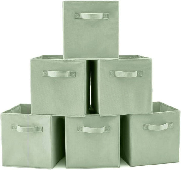 EZOWare Set of 6 Foldable Fabric Basket Bins 10.5"x10.5"x11" Collapsible Storage Organizer Cube with Handle for Clothes Nursery Toys - Pastel Green