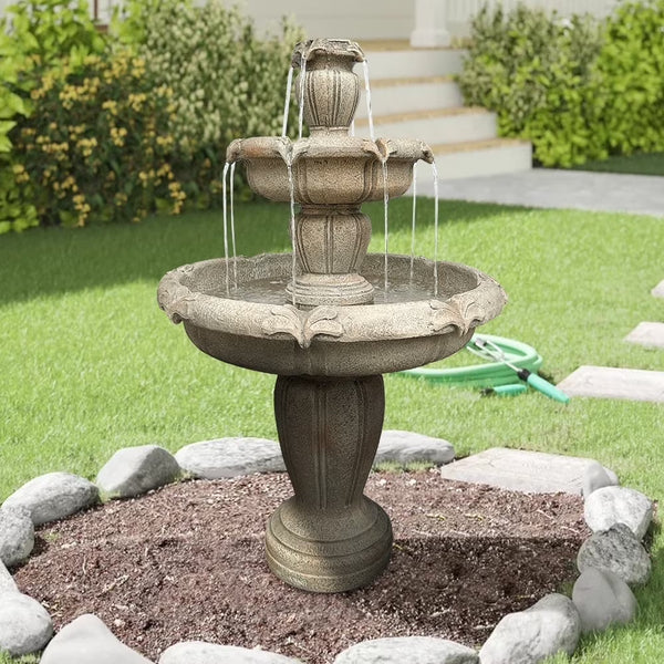 Indoor/Outdoor 3 - Tiers Concrete Floor Water Fountain with Electric Pump for Patio Lawn Home Decor