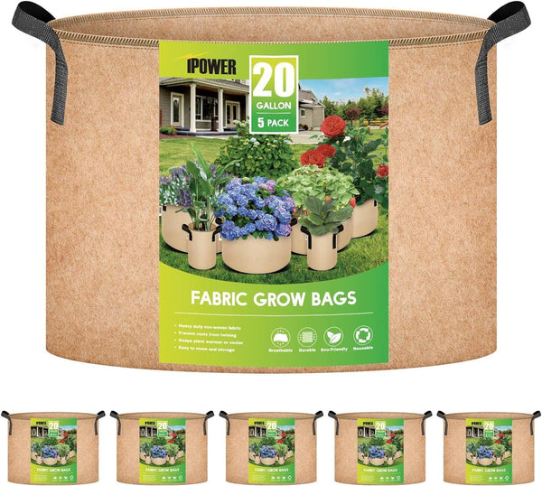 iPower 20-Gallon 5-Pack Grow Bags Fabric Aeration Pots Container with Strap Handles for Nursery Garden and Planting(Tan)