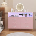 Garvee Dresser for Bedroom 6 Drawer with LED Light & Charging Station, Wooden Dressers and Chests of Drawers with 2 - Tier Open Shelves, Wide Dresser Organizer for Living Room Hallway Entryway, Pink