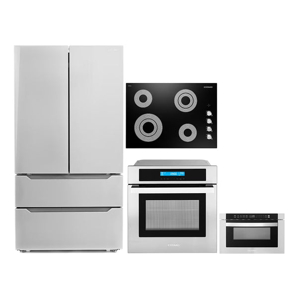 Cosmo 4 Piece Kitchen Appliance Package 30" Electric Cooktop 24" Single Electric Wall Oven 24" Built - in Microwave Drawer & French Door Refrigerator Kitchen Appliance Bundles
