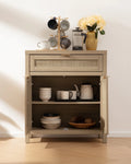 Nopurs Rattan Sideboard Buffet Cabinet, Boho Storage Cabinet Buffet Table with Doors and Drawer, Coffee Bar Cabinet for Kitchen Entryway Living Dining Room, Light Oak