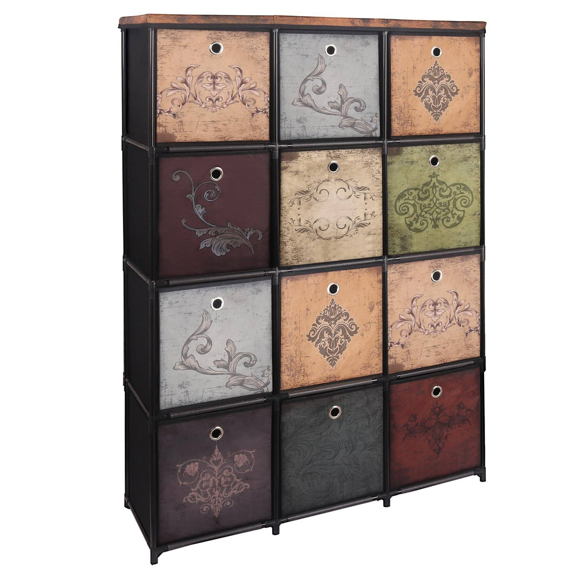 VASICAR Storage Tower Unit with 12 Drawers, Vintage Floral Cube Organizer Shelf, Tall Fabric Dresser for Bedroom, Closet, Nursery, Hallway, Entryway