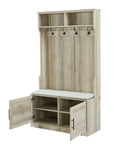 Entryway Hall Tree with Storage Bench, Wooden Coat Rack with Sponge Pad and 4 Dual Hooks, Storage Shelf Organizer with 2 - Door Cabinet for Entryway, Bedroom, Easy to Assemble