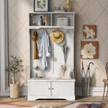 Hall Tree with Upholstered Bench and Coat Rack, Entryway Bench with 3 Hooks, 3 Open Shelves, 2 Drawers & Storage Cabinets, Mudroom Bench with Storage and Hooks for Foyer, Entry Way, Hallway (Beige)