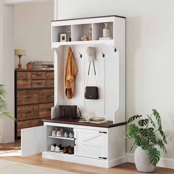HOMCOM 3 - in - 1 Hall Tree with Shoe Storage, Standing Coat Rack with Shoe Bench, Entryway Furniture with Five Hooks, White Wood Grain