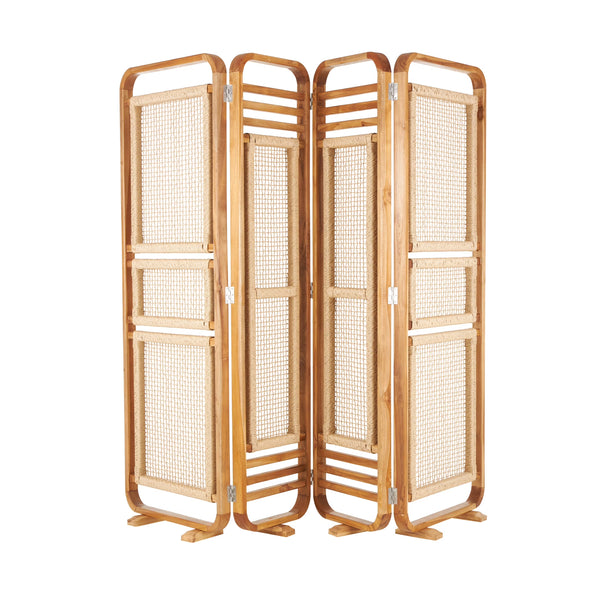 Decmode 79" x 70" Brown Teak Wood Handmade Foldable Partition 4 Panel Room Divider Screen with Woven Rattan Panels, 1 - Piece