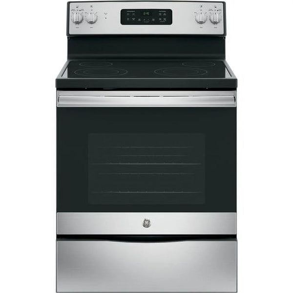 Ge® Appliances 30" Free - Standing Electric Range Model JB645RKSS in Stainless Steel. APPROXIMATE DIMENSIONS (Hxwxd) 47 Height x 29 7/8 Width x 28 Dimension In. Two 9"/6" Power Boil Elements, Self - Clean Oven and Dual - Element Bake
