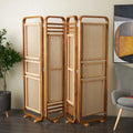 Decmode 79" x 70" Brown Teak Wood Handmade Foldable Partition 4 Panel Room Divider Screen with Woven Rattan Panels, 1 - Piece