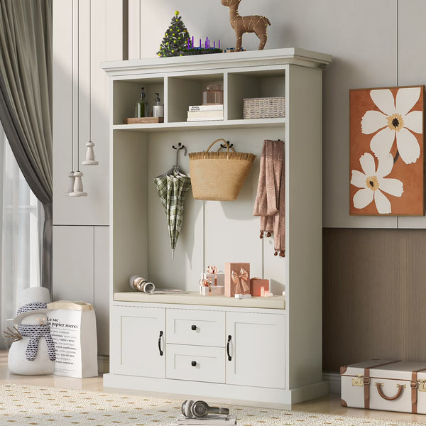 Hall Tree with Upholstered Bench and Coat Rack, Entryway Bench with 3 Hooks, 3 Open Shelves, 2 Drawers & Storage Cabinets, Mudroom Bench with Storage and Hooks for Foyer, Entry Way, Hallway (Beige)